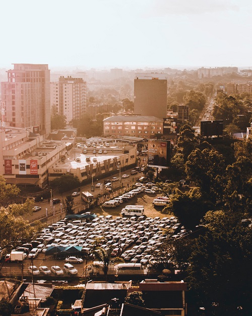 aerial view of city parking lot